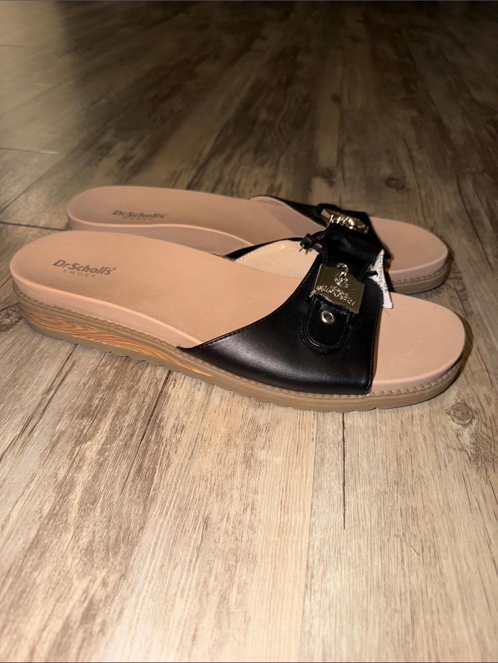 Dr. Scholl's Black Slide Sandals with Gold Accent